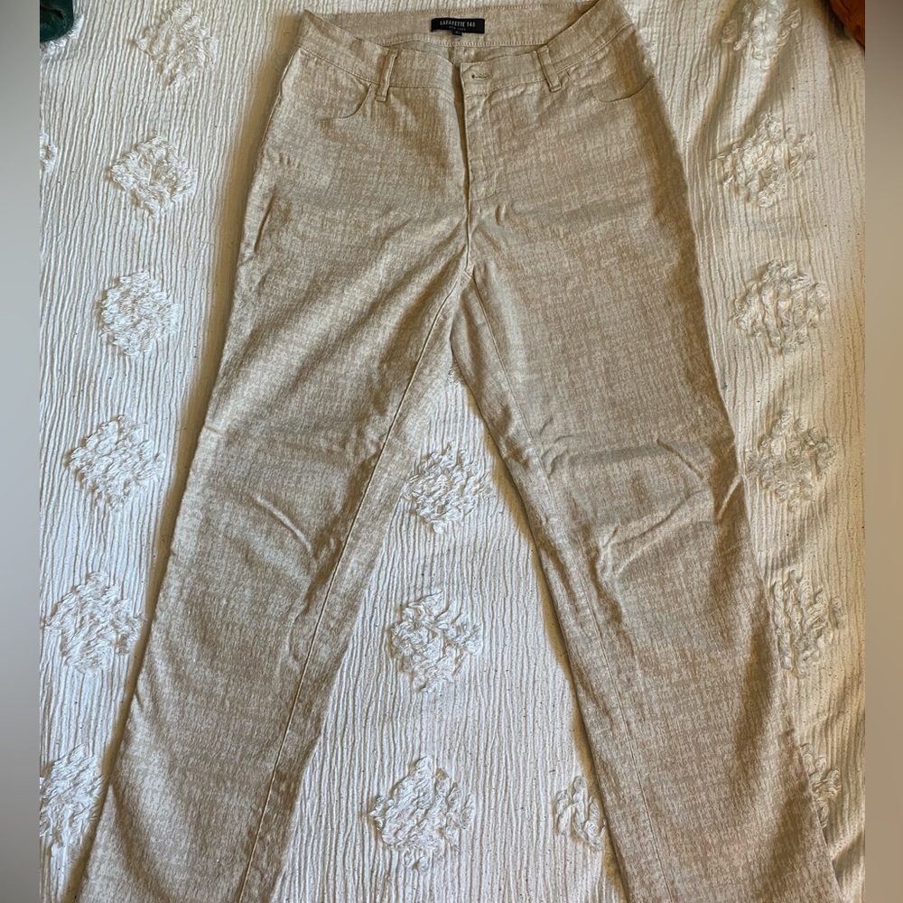 Lafayette 148 New York Cream Patterned Linen Blend Straight Leg Pant - Size 4